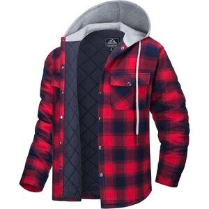 🆕 Men Red Flannel Shirt Jacket Quilted Lined Winter Warm Coat Button Up Hoodie